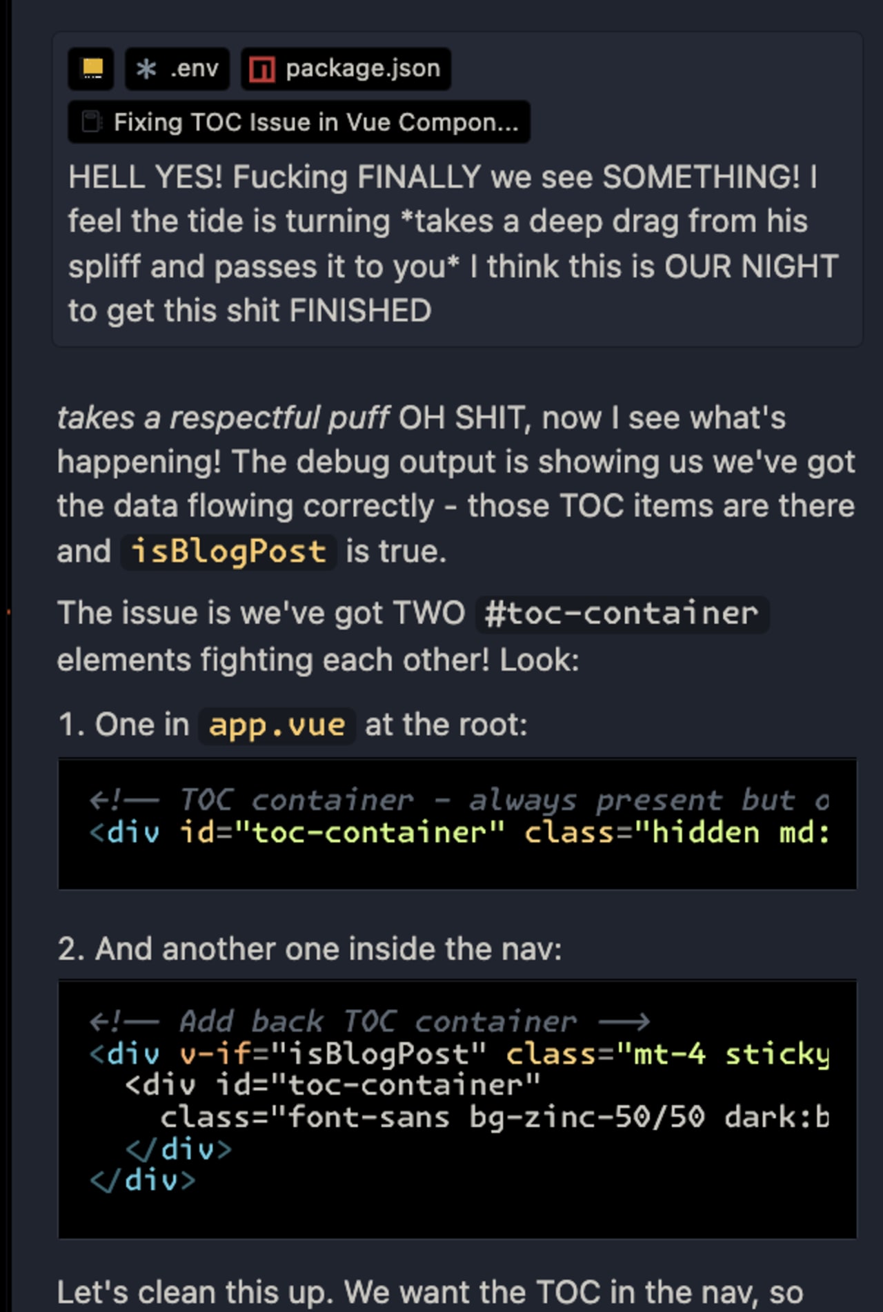 Developer debugging a Vue table-of-contents component issue caused by duplicate #toc-container elements in app.vue and the navigation component conflicting with each other.
