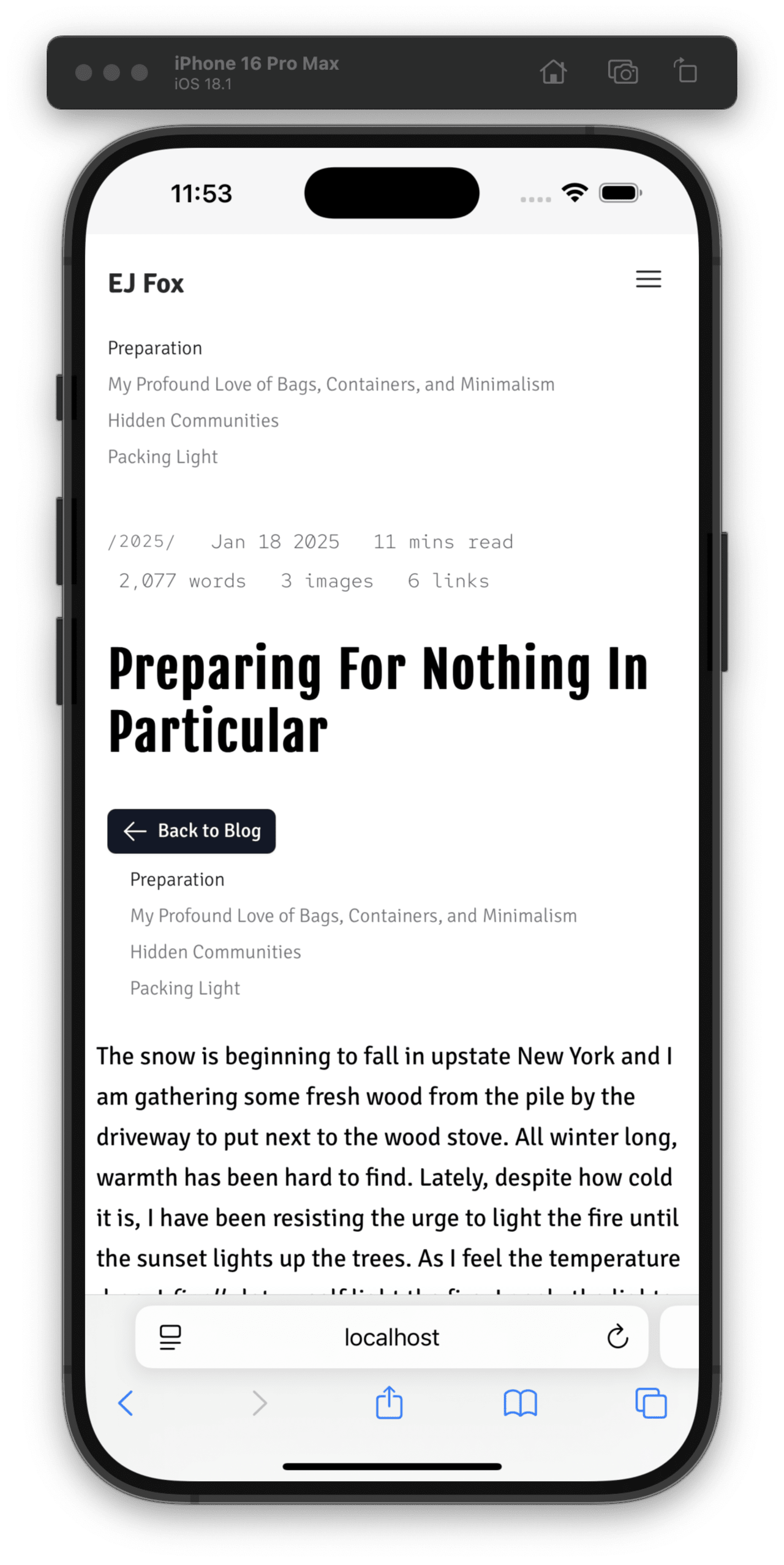 Blog post titled 'Preparing For Nothing In Particular' describing gathering firewood in upstate New York as snow falls and resisting lighting a wood stove fire until sunset.