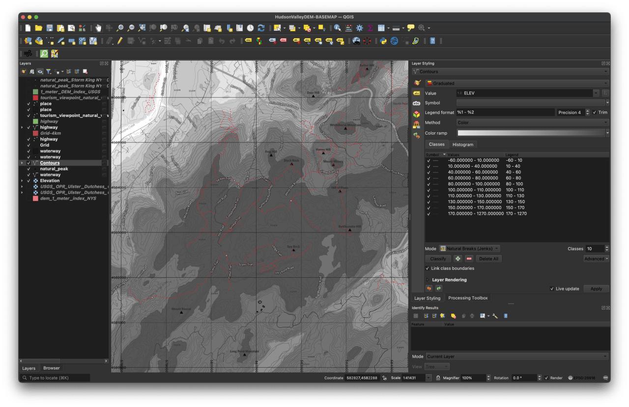 QGIS map displaying Hudson Valley elevation data with contour lines, terrain visualization, and classified elevation ranges from -60 to 1270 meters. QGIS map displaying Hudson Valley elevation data with contour lines, terrain visualization, and classified elevation ranges from -60 to 1270 meters.
