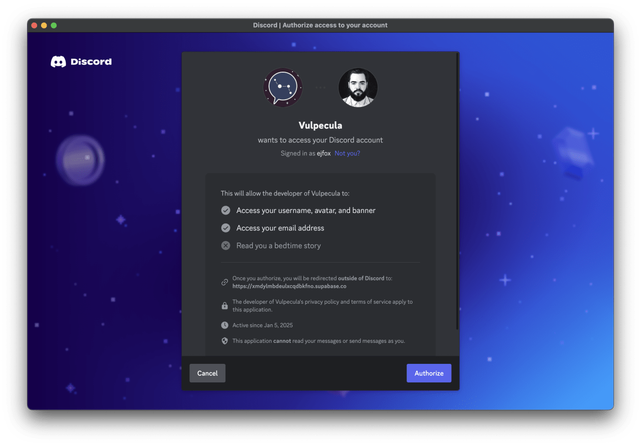 Discord OAuth authorization dialog where Vulpecula app requests access to username, email, and permission to read bedtime stories from user account. Discord OAuth authorization dialog where Vulpecula app requests access to username, email, and permission to read bedtime stories from user account.