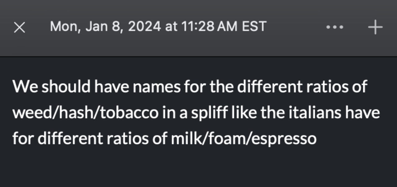 Social media post suggesting standardized naming conventions for cannabis/drug ratios similar to Italian coffee drink terminology.