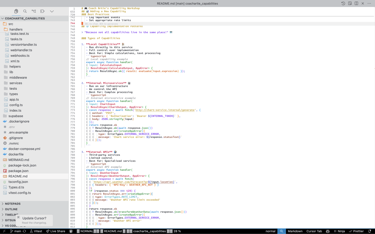 TypeScript documentation for coachartie capabilities covering local capabilities, internal microservices, and external APIs with implementation examples.