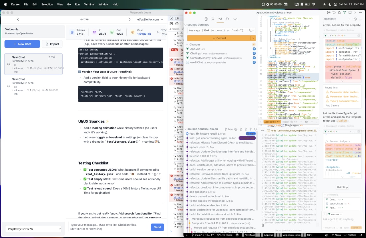 Developer workspace showing Vuepecula chat application with commit history, source control changes, TypeScript component errors, and testing checklist for UI/UX improvements.