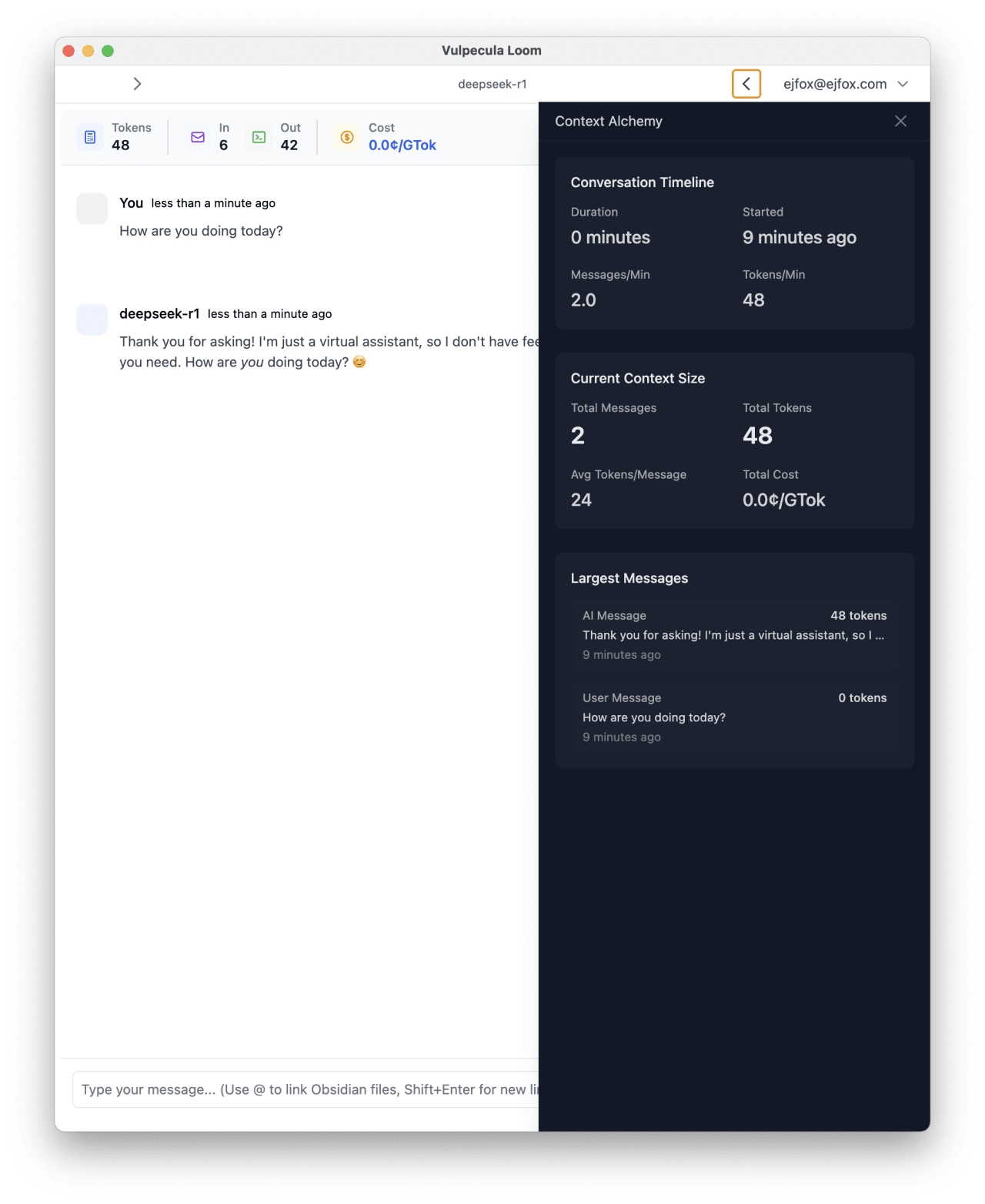 AI conversation analytics showing 48 tokens used across 2 messages with deepseek-r1, costing 0.0¢ per token.