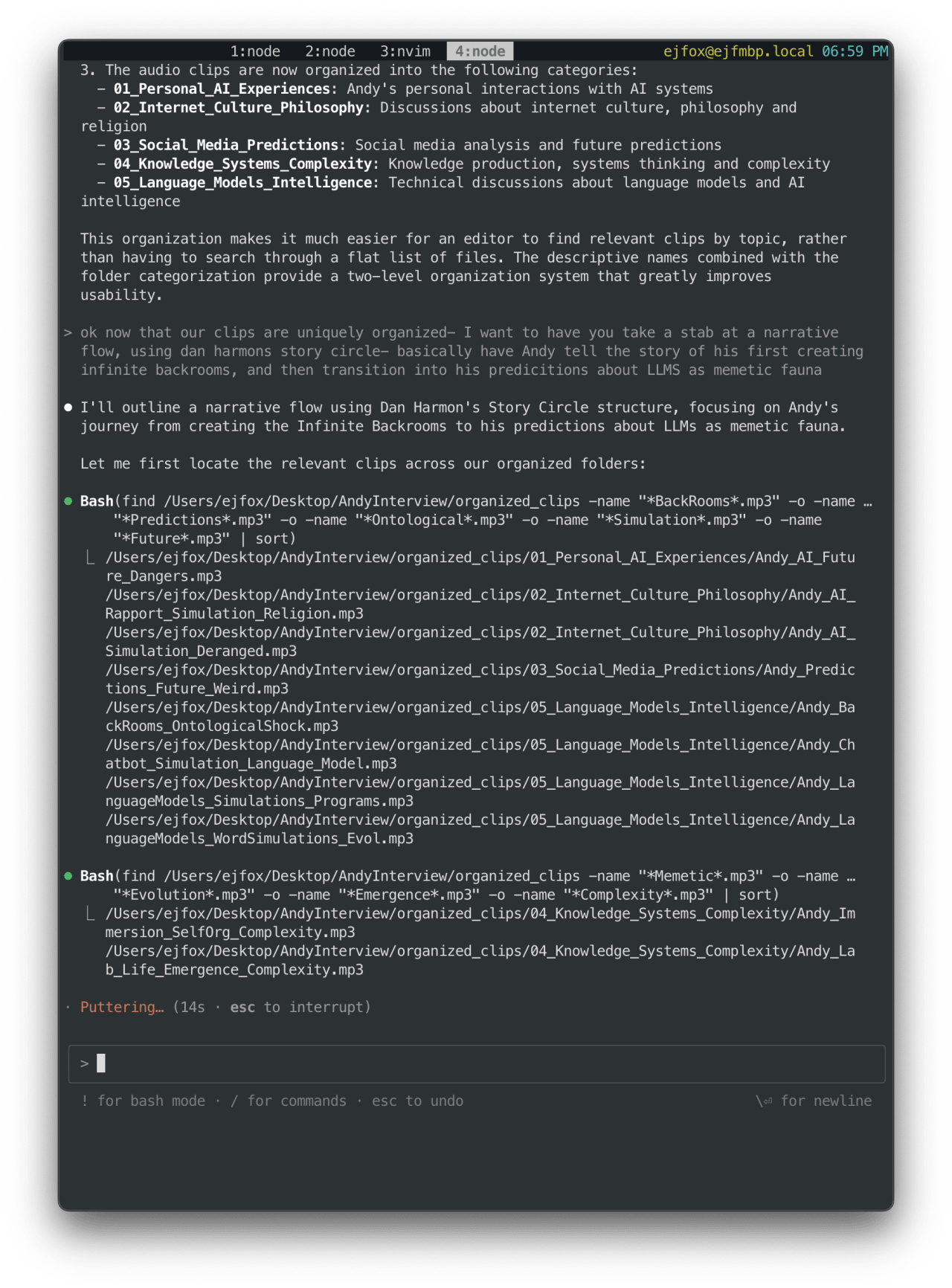 Terminal displaying bash commands to locate audio interview clips organized by topic folders, with results showing file paths for Infinite Backrooms and language model simulation clips.