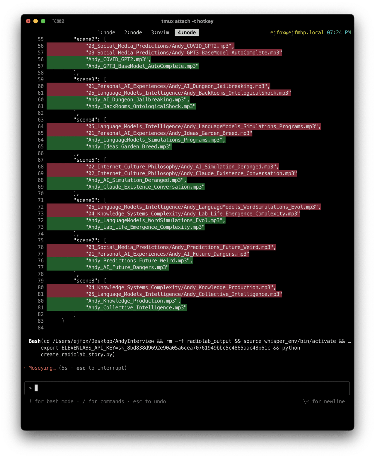 JSON configuration file mapping audio scenes to MP3 files organized by AI and knowledge system categories for a RadioLab story project.