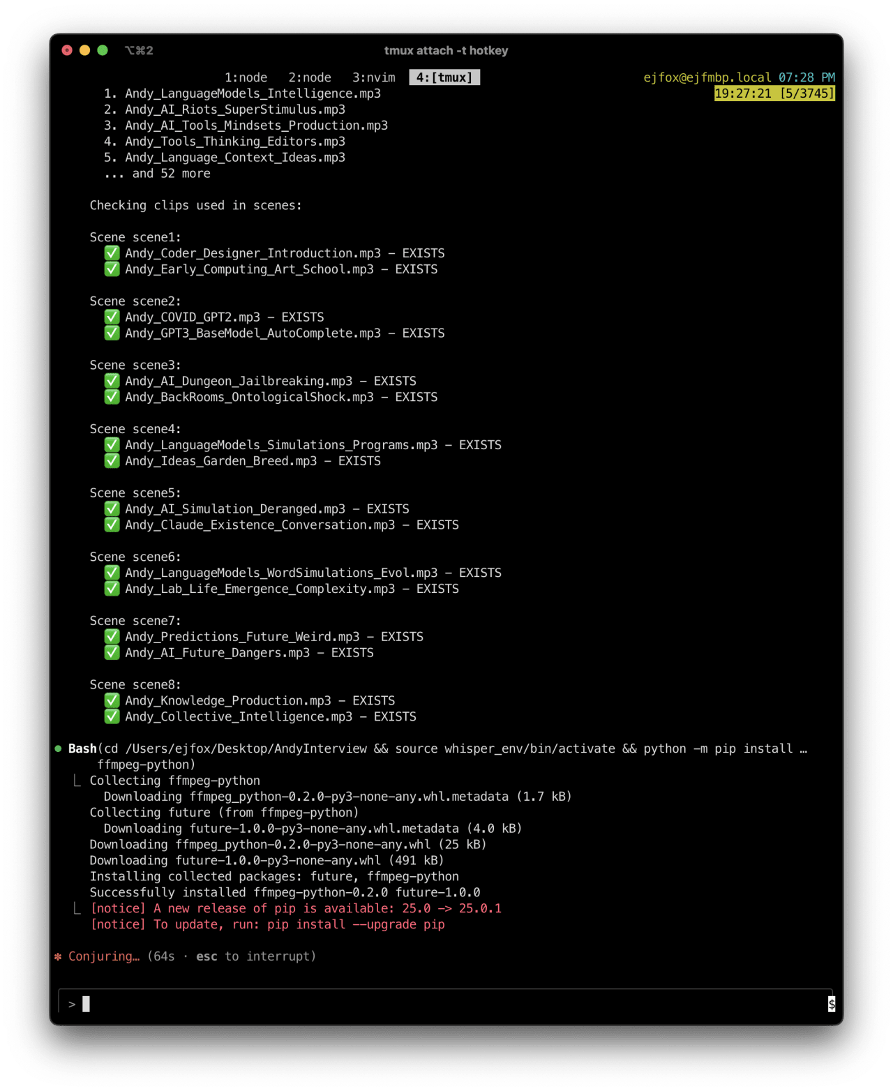 Terminal output verifying media files exist across nine scenes of an Andy interview project, then installing Python ffmpeg libraries.