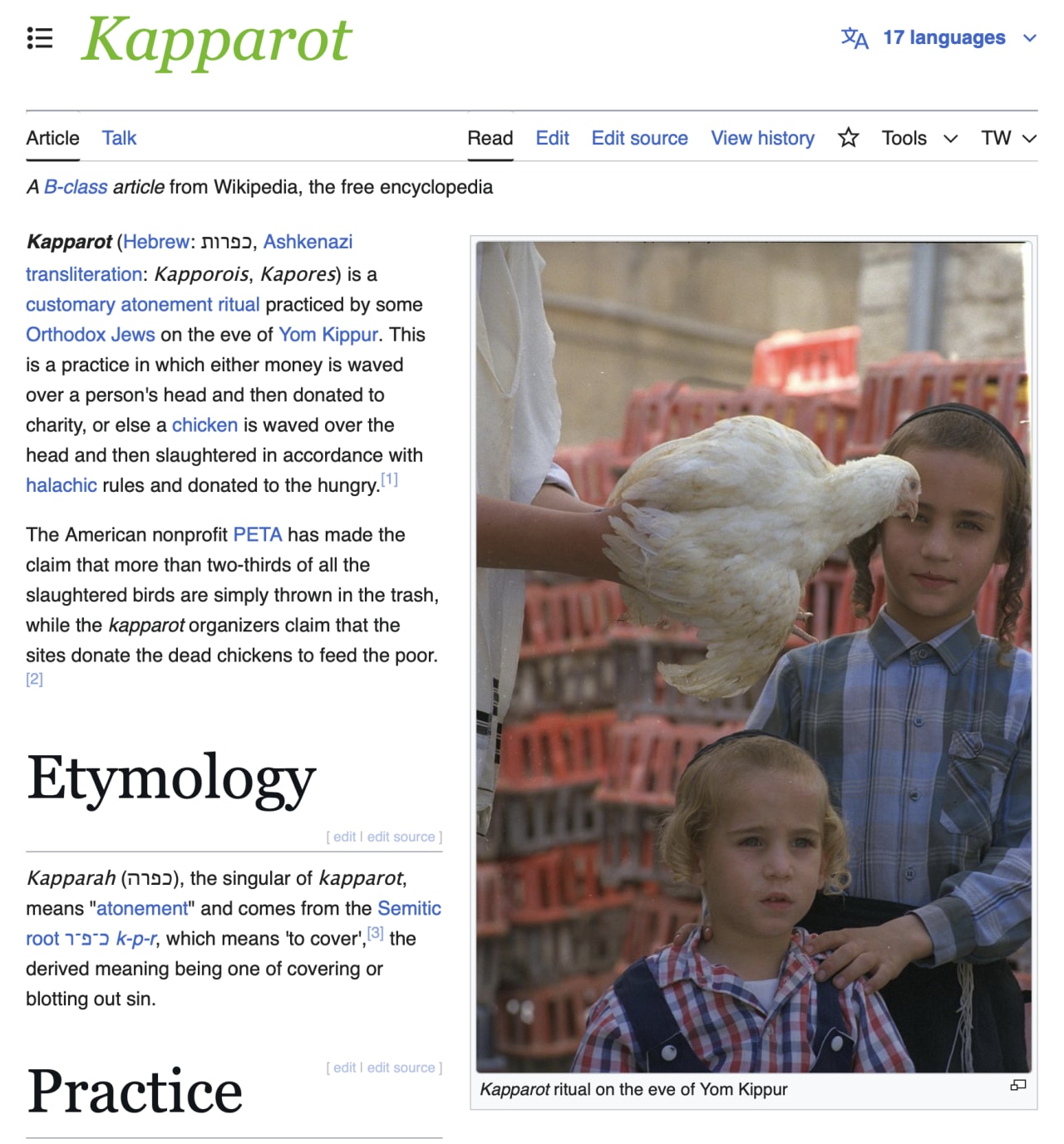 Children holding a white chicken during Kapparot ritual on Yom Kippur eve, with red crates visible in background