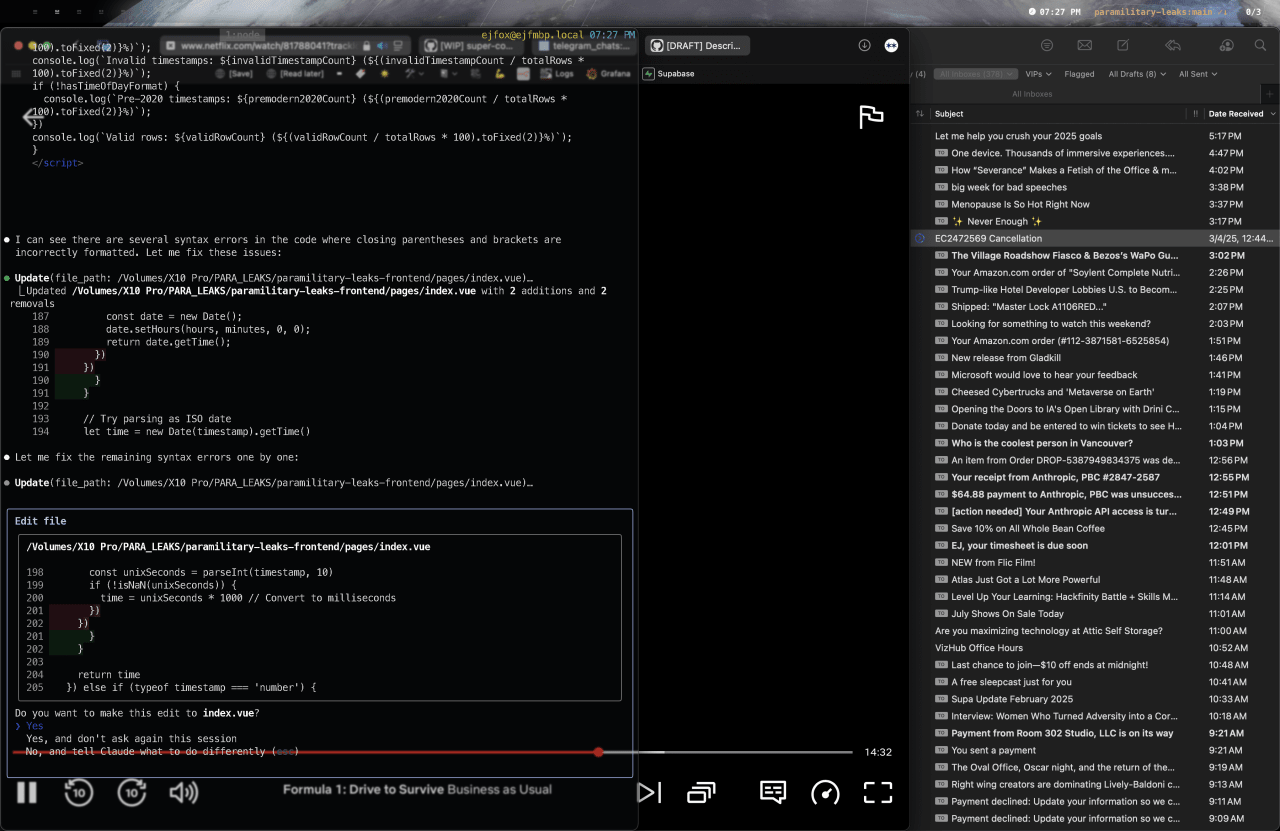 Code editor showing Vue.js file with syntax errors in date parsing and timestamp conversion logic, with fix suggestions displayed.