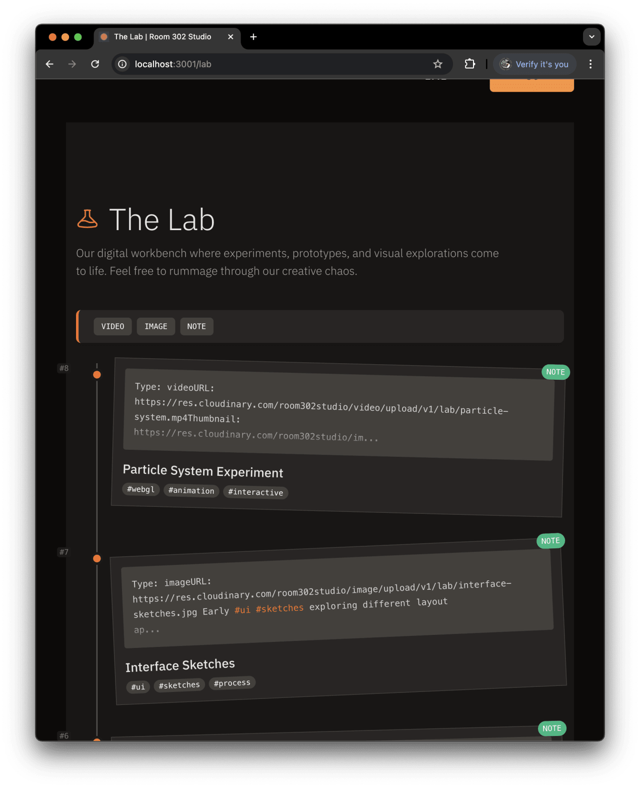 The Lab digital workbench showcasing creative experiments: a particle system WebGL animation and UI layout sketches with design exploration notes.