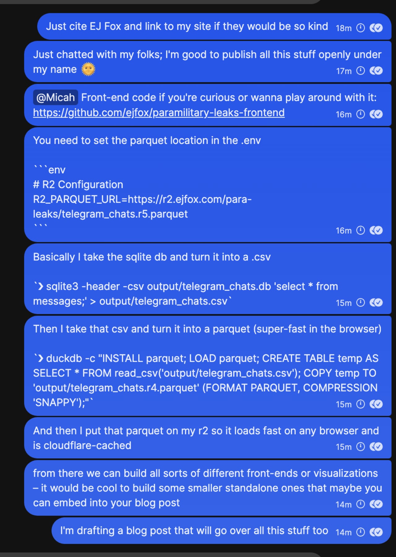 Chat messages describing a pipeline to extract and visualize Telegram chat data by converting SQLite database to CSV to Parquet format for browser-based frontend visualization.