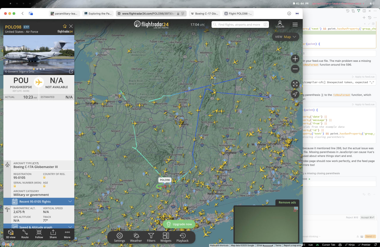 FlightRadar24 tracking US Air Force C-17 Globemaster cargo plane en route to Poughkeepsie with live position on eastern US map.