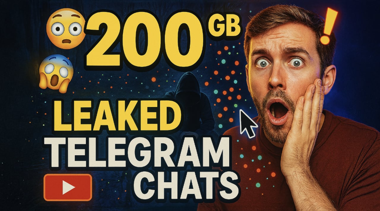 Clickbait thumbnail advertising 200GB of allegedly leaked Telegram chat data with shocked man and warning emojis.