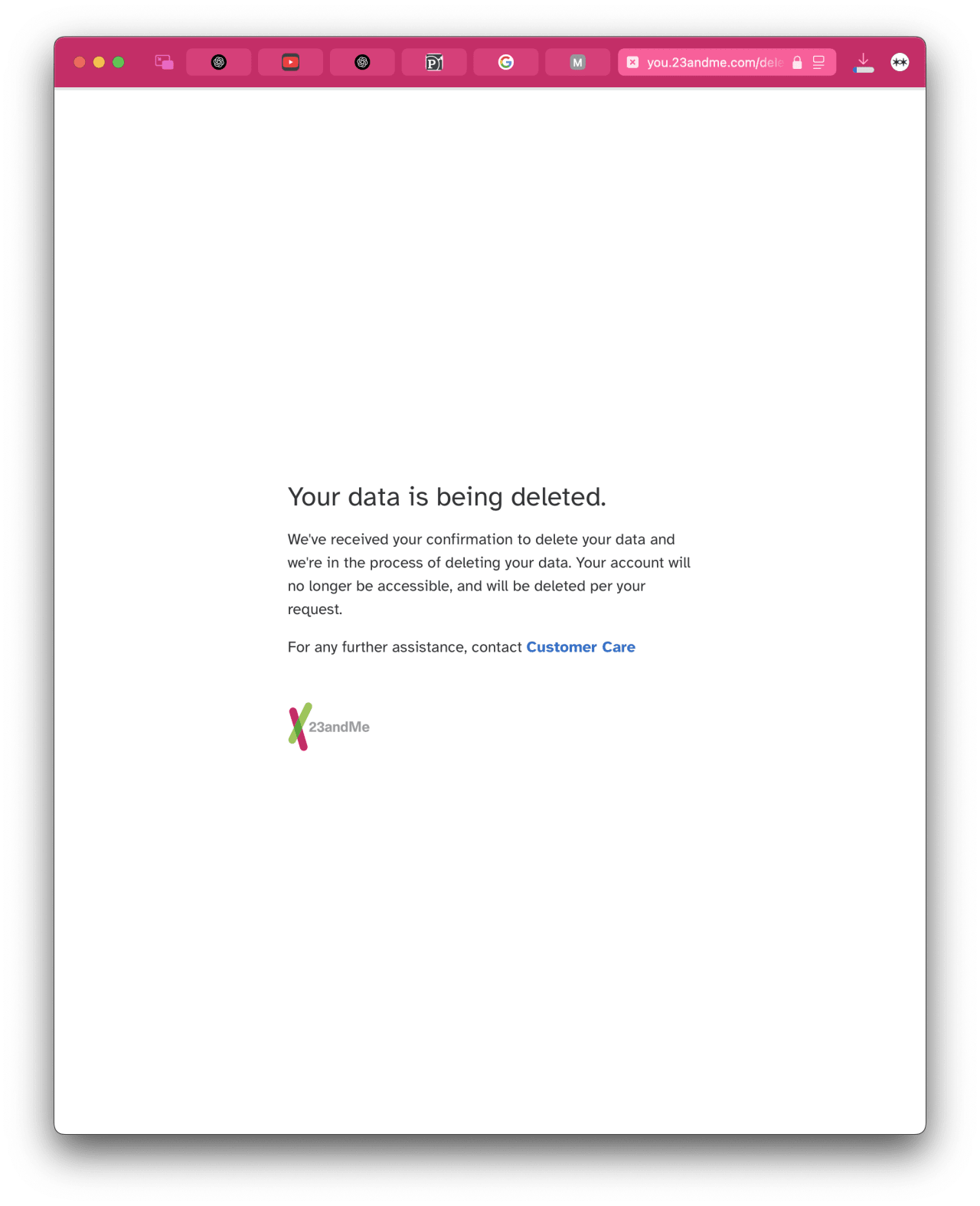 23andMe account deletion confirmation stating data is being deleted and account will no longer be accessible.