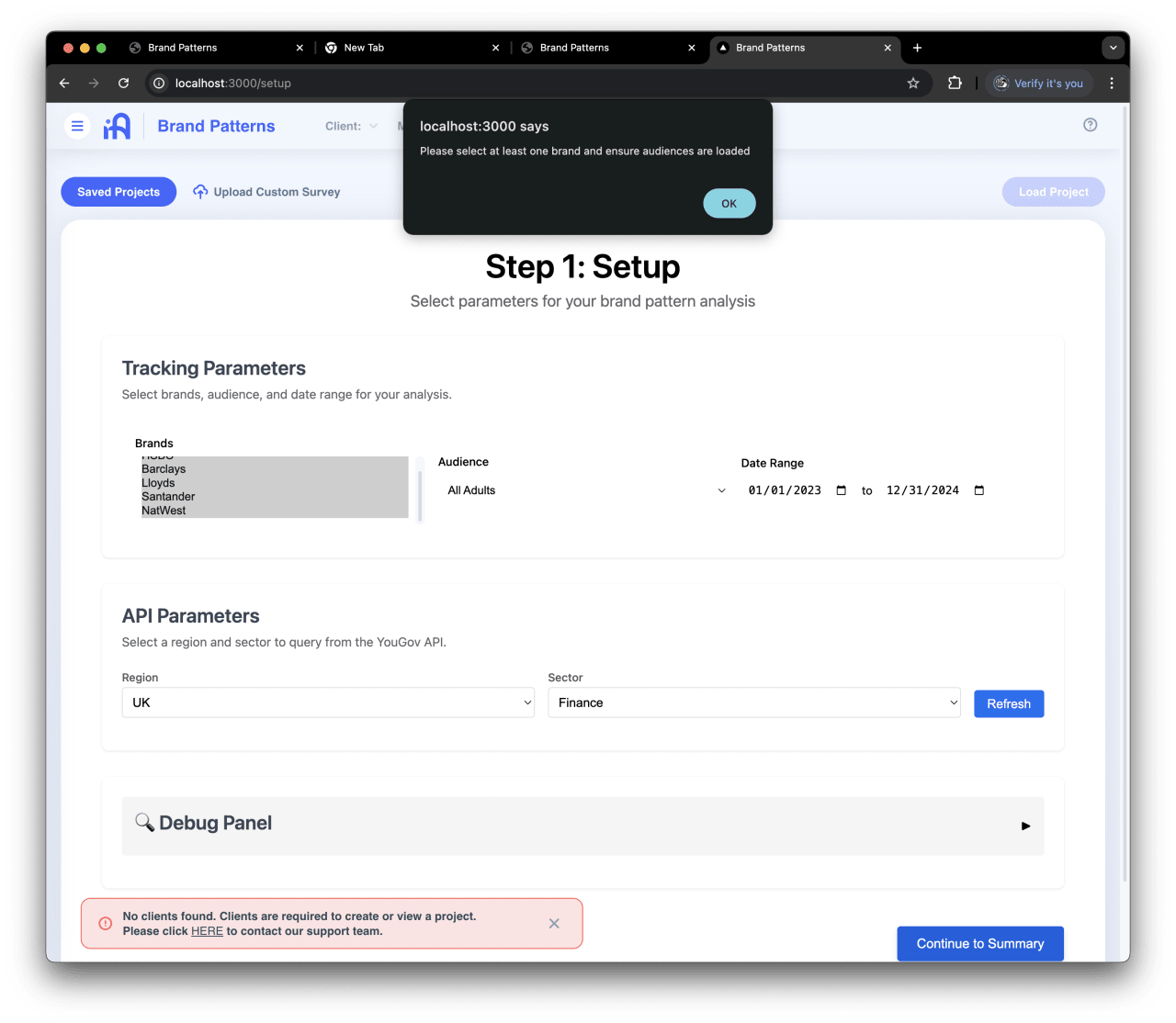 Brand pattern analysis setup form requesting selection of UK finance sector brands and audiences with error message that no clients exist.
