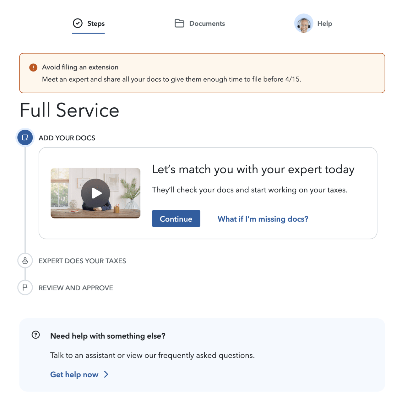 Tax preparation service interface showing steps to match with a tax expert, add documents, and have them file your taxes before the April 15 deadline.