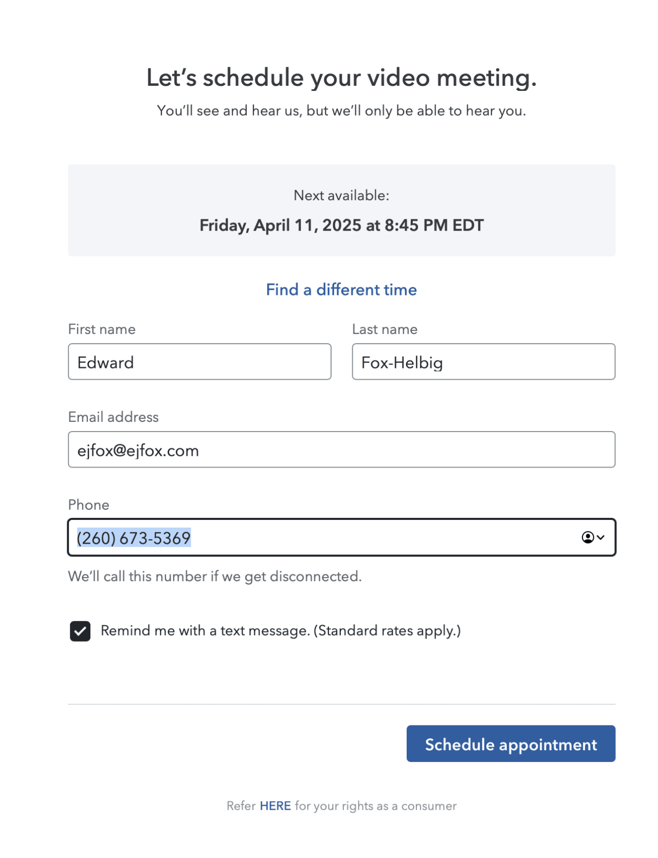 Video meeting scheduling form for Edward Fox-Helbig with next available time Friday, April 11, 2025 at 8:45 PM EDT, contact details, and text reminder option.