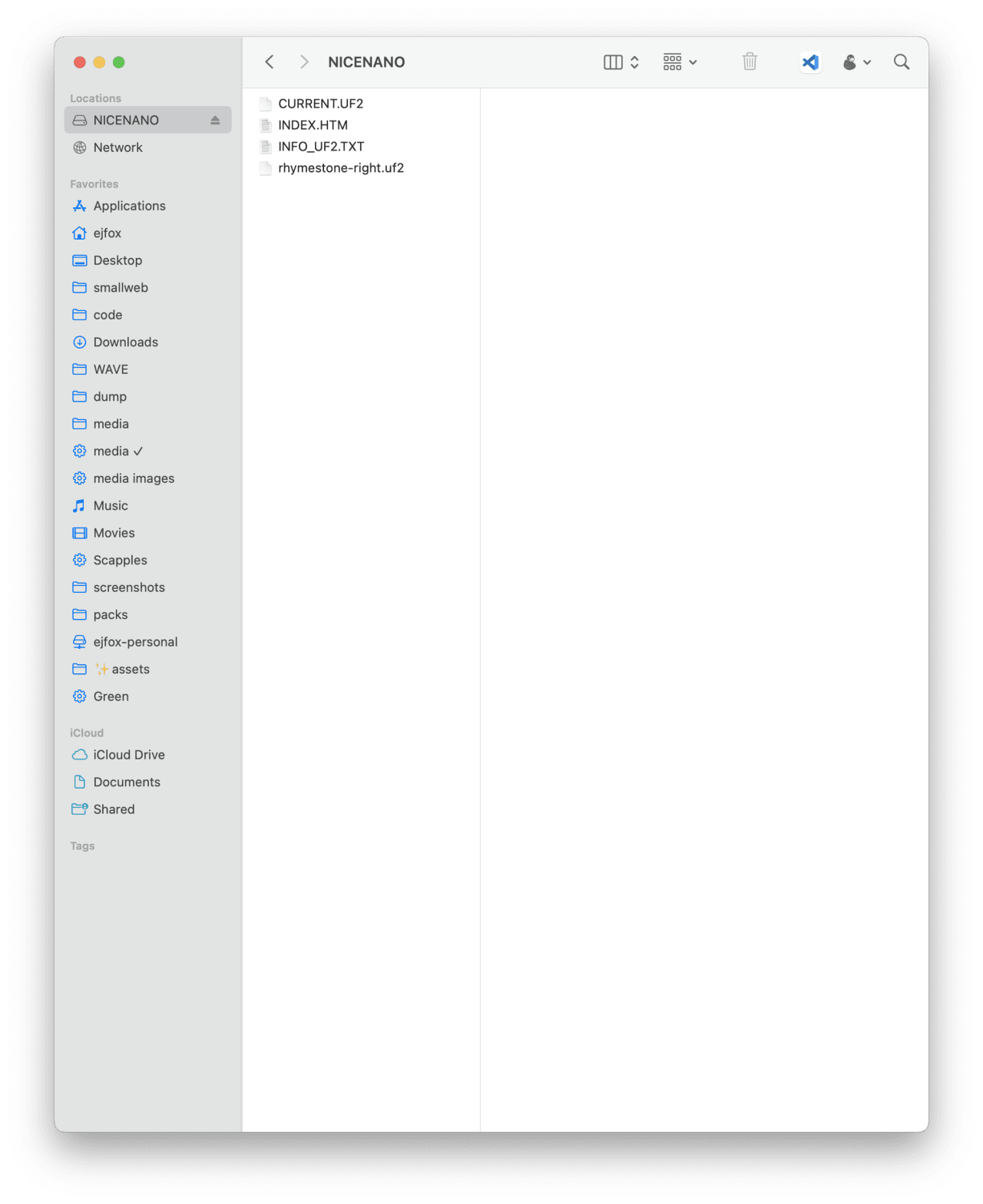 Finder window displaying NICENANO folder contents: four files including INDEX.HTM, firmware files, and text documentation.