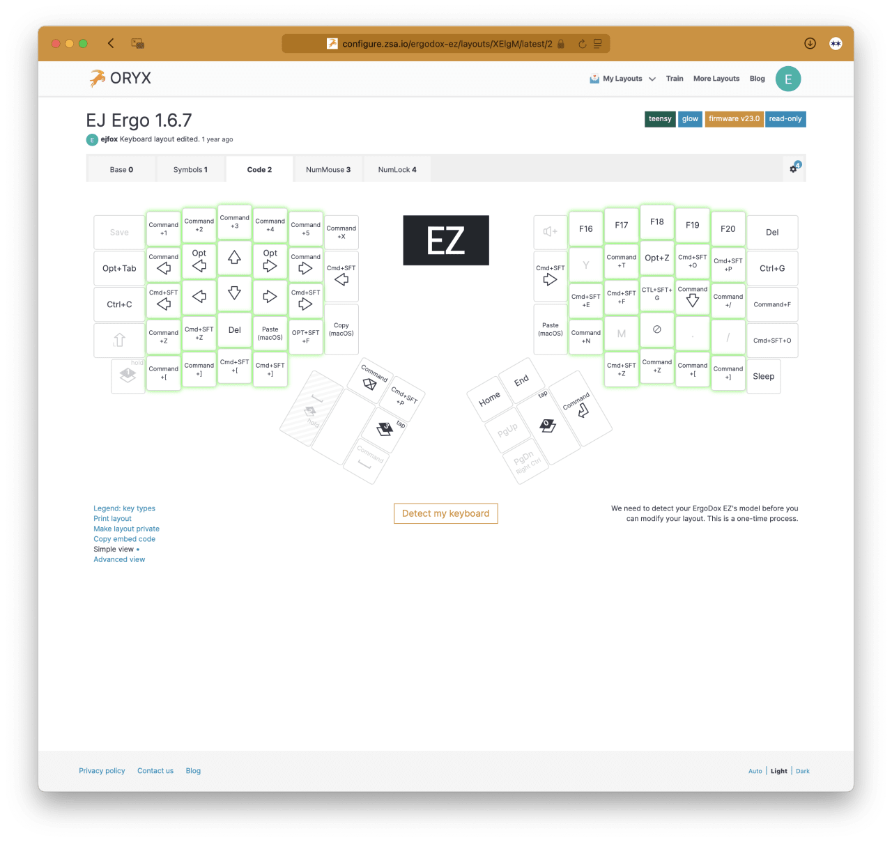 EJ Ergo 1.6.7 keyboard layout configurator showing command key mappings across multiple layers with green-highlighted modifications.