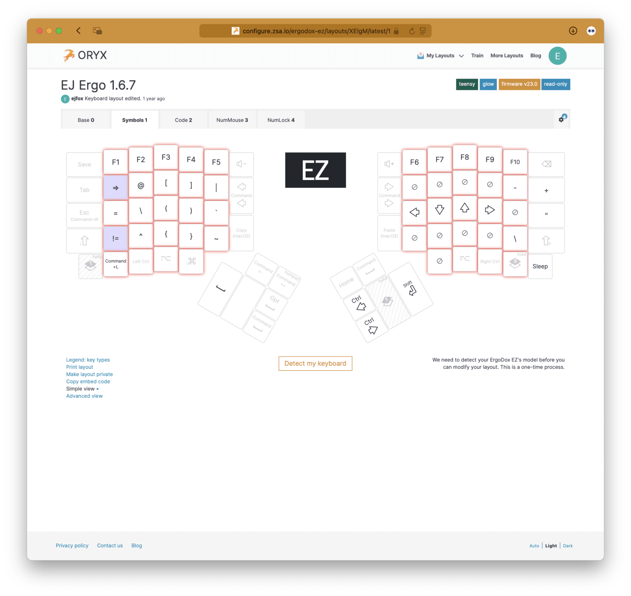 EJ Ergo 1.6.7 keyboard layout configurator showing split ergonomic key assignments with function keys, symbols, and modifier mappings.