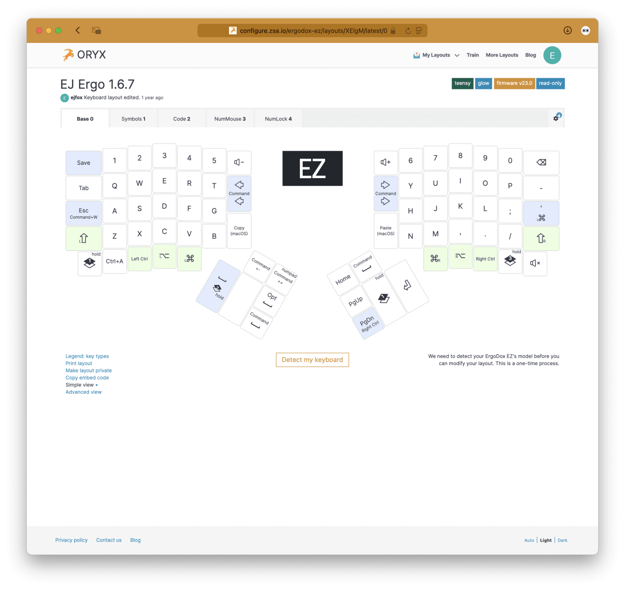 ORYX keyboard layout configurator for EJ Ergo 1.6.7 mechanical keyboard showing QWERTY base layer with modifier keys and function mappings.