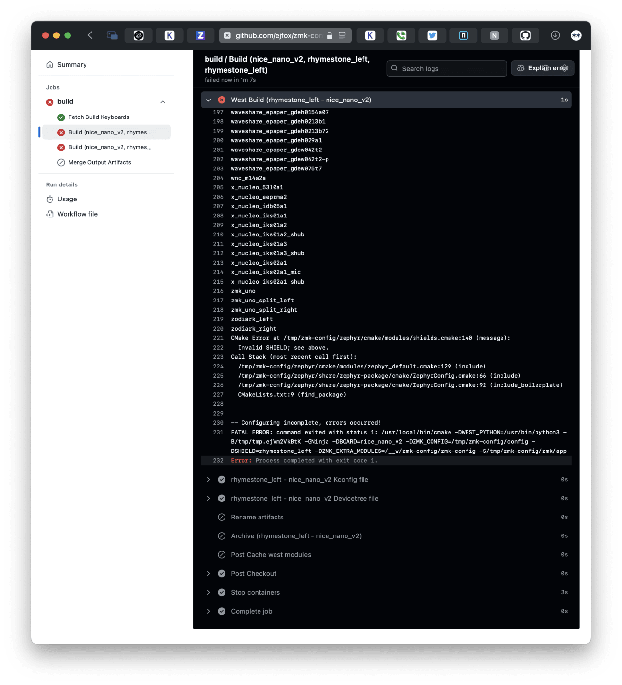 Build failure log for rhymestone_left project showing CMake configuration error with invalid SHIELD reference and fatal Python command exit.