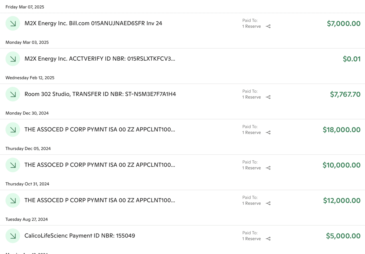 Bank transaction history showing payments to M2X Energy Inc., Room 302 Studio, Associated P Corp, and CalicoLifeScienc ranging from $0.01 to $18,000 between August 2024 and March 2025.