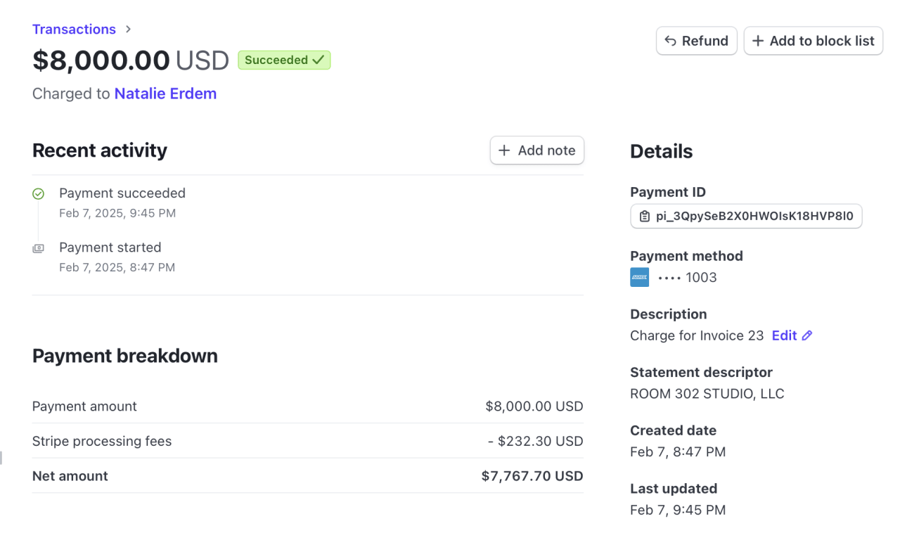 Successful $8,000 payment to Natalie Erdem on Feb 7, 2025, charged to American Express ending in 1003 for Invoice 23 at Room 302 Studio LLC, with $232.30 Stripe fees.