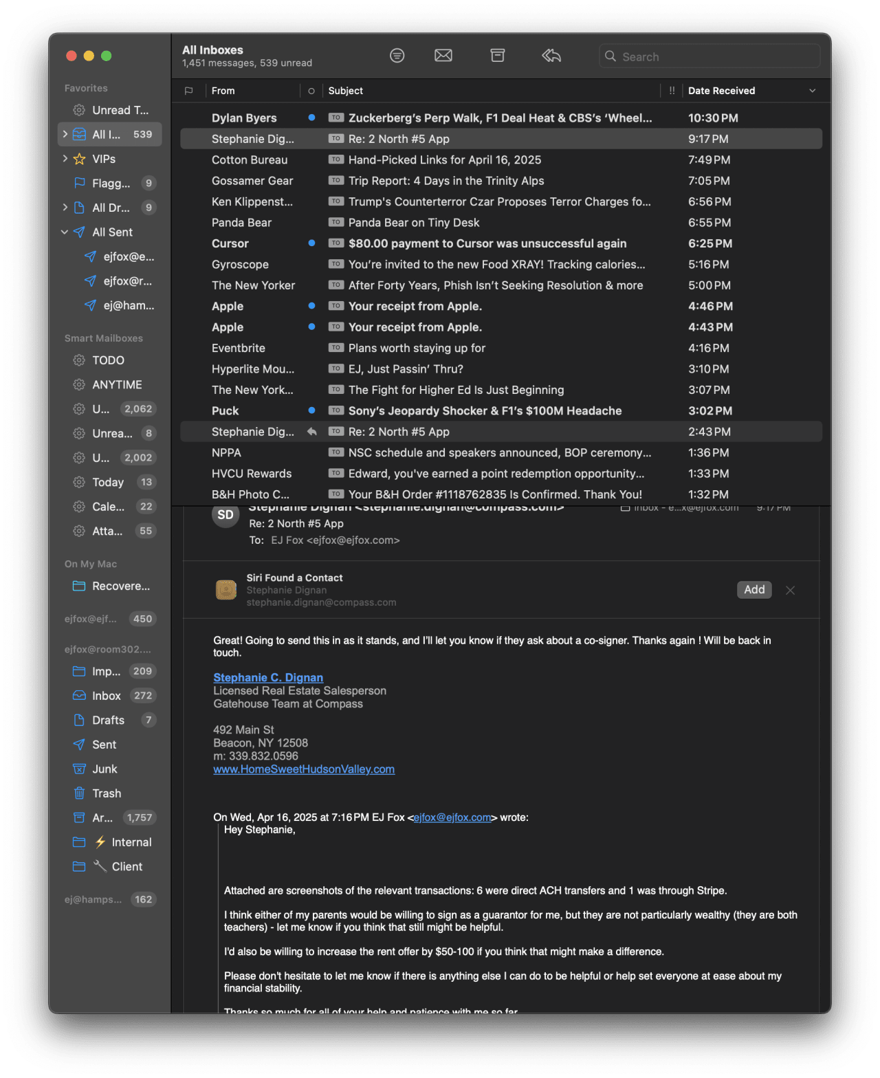 Email thread between EJ Fox and Stephanie Dignan about co-signer options and financial details for a rental application in Beacon, NY.