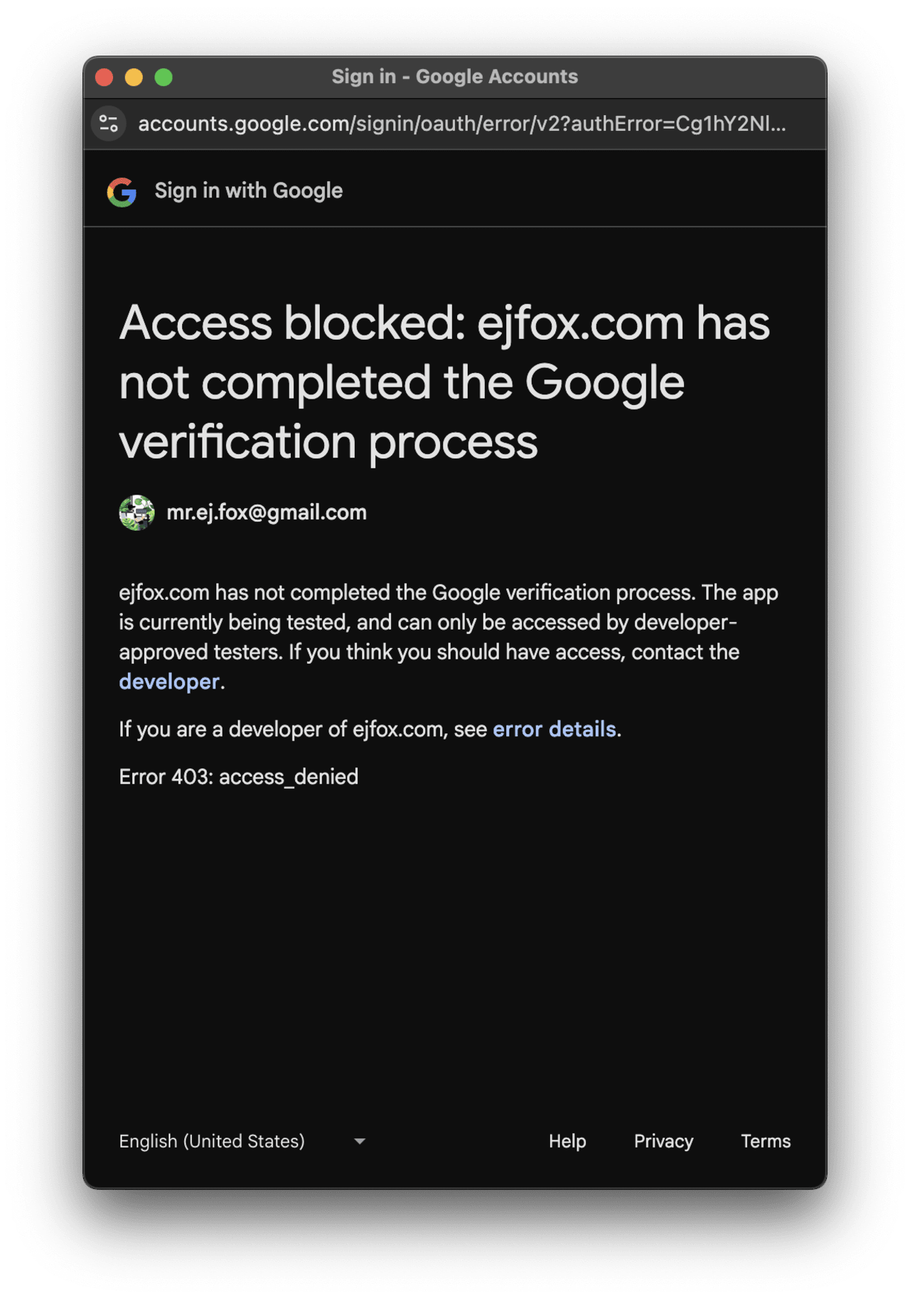 Google OAuth error page blocking ejfox.com access due to incomplete verification process, with Error 403 access_denied message.