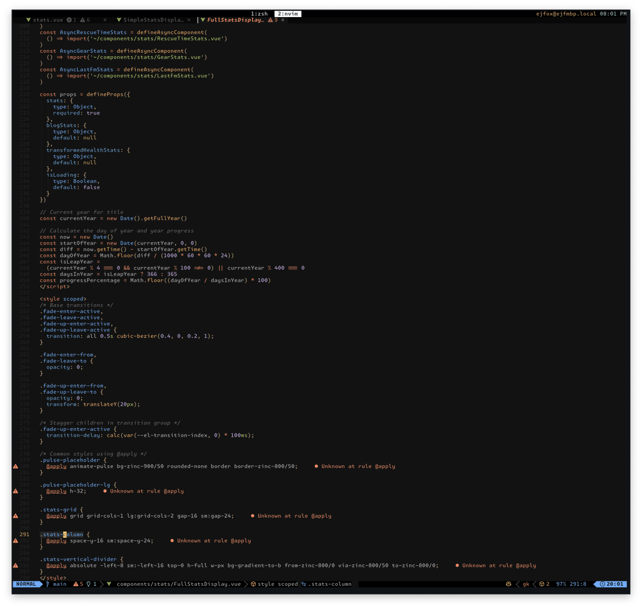 Vue.js component code defining stats display with animations, date calculations, and CSS fade transitions for health metrics.