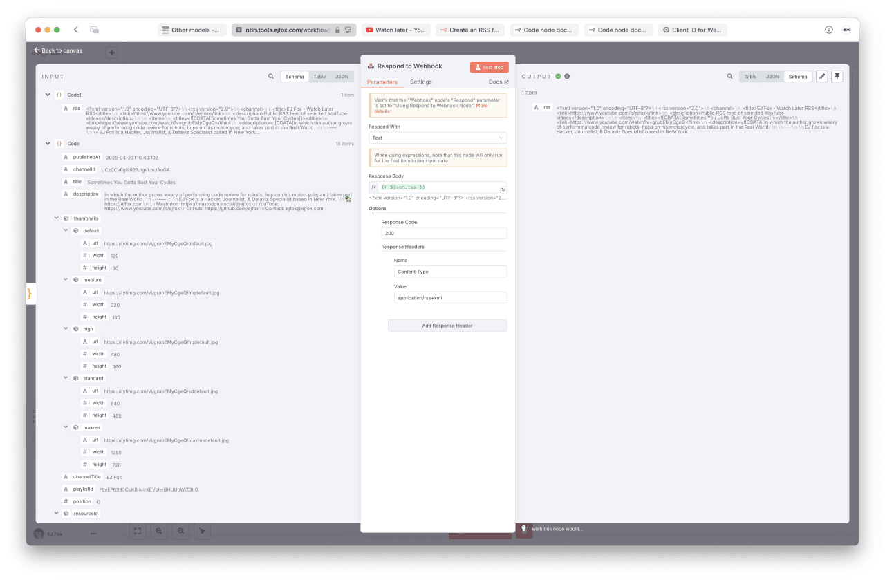 Webhook configuration interface showing response parameters, body content with XML formatting, response code 200, and content-type headers setup.