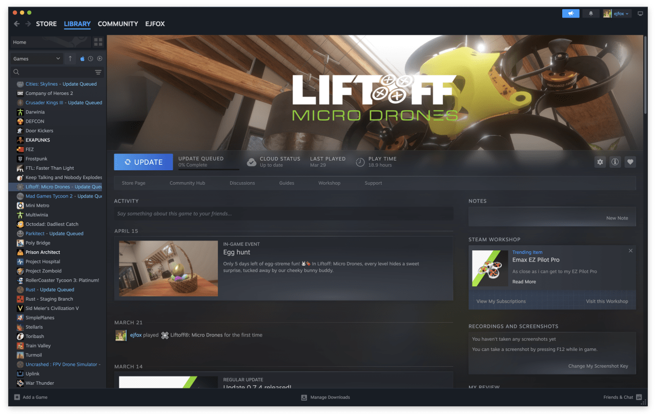 Steam library page for Liftoff: Micro Drones showing game status, update queue, recent activity including Easter egg hunt event, and workshop item for EZ Pilot Pro controller. Steam library page for Liftoff: Micro Drones showing game status, update queue, recent activity including Easter egg hunt event, and workshop item for EZ Pilot Pro controller.