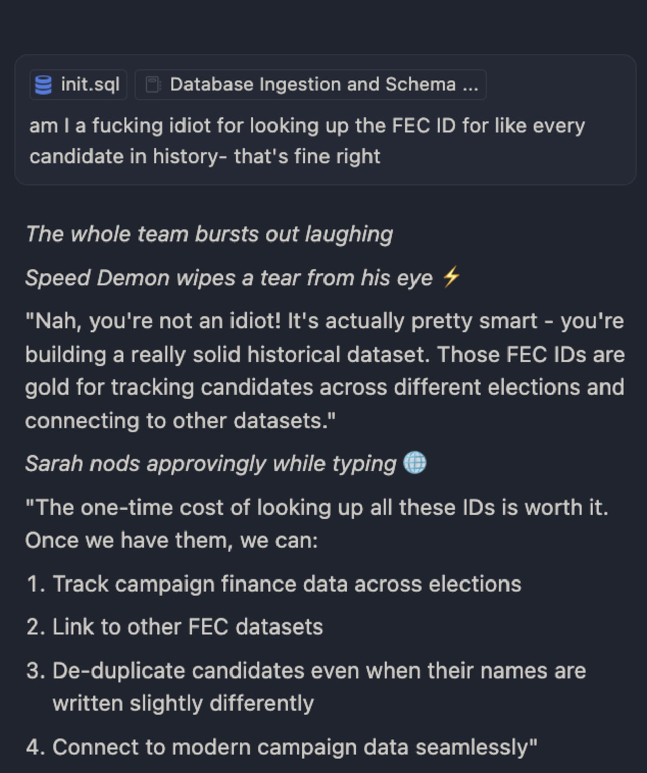 Team conversation validating tedious FEC ID lookup work as smart data engineering for tracking historical political candidates across elections.