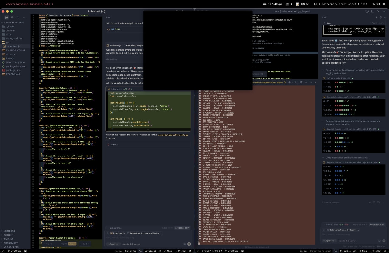 JavaScript test suite validating supabase database functions for handling user roles, permissions, and error states