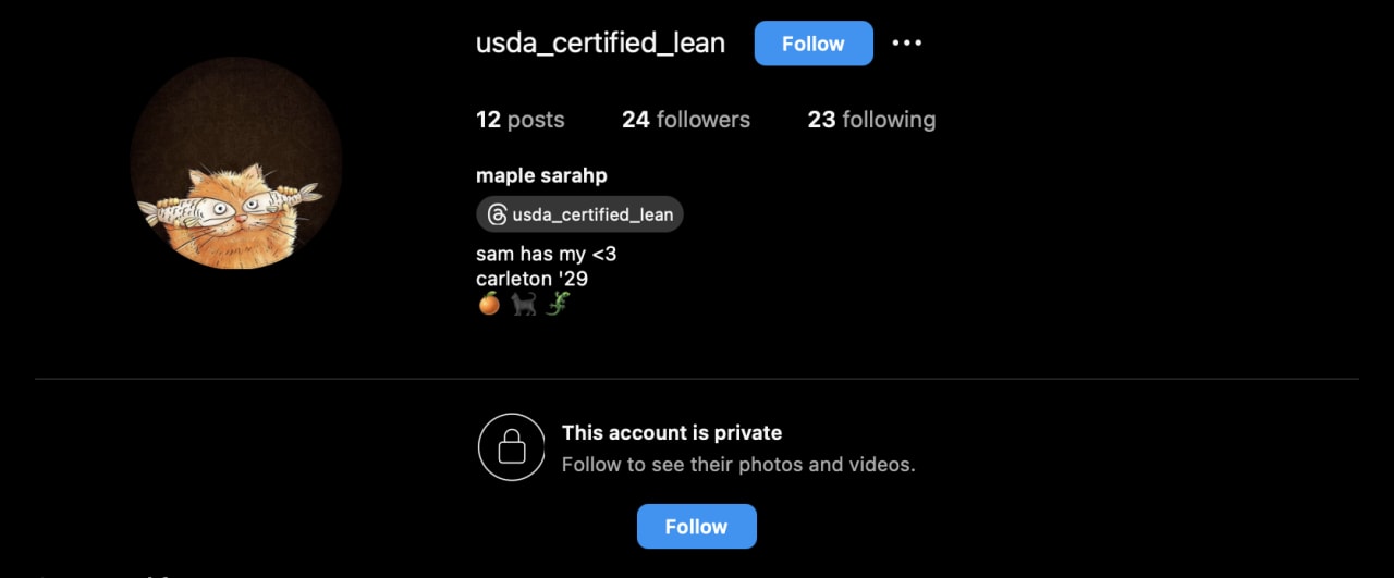 Private Instagram profile for usda_certified_lean featuring an illustration of an angry cat wearing glasses; user identifies as Maple Sarah, a Carleton '29 student.