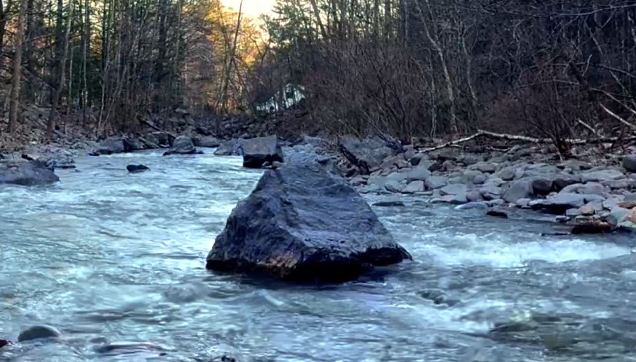 A boulder-studded mountain stream flows through a bare deciduous forest at dusk, with rocks scattered along the riverbed.