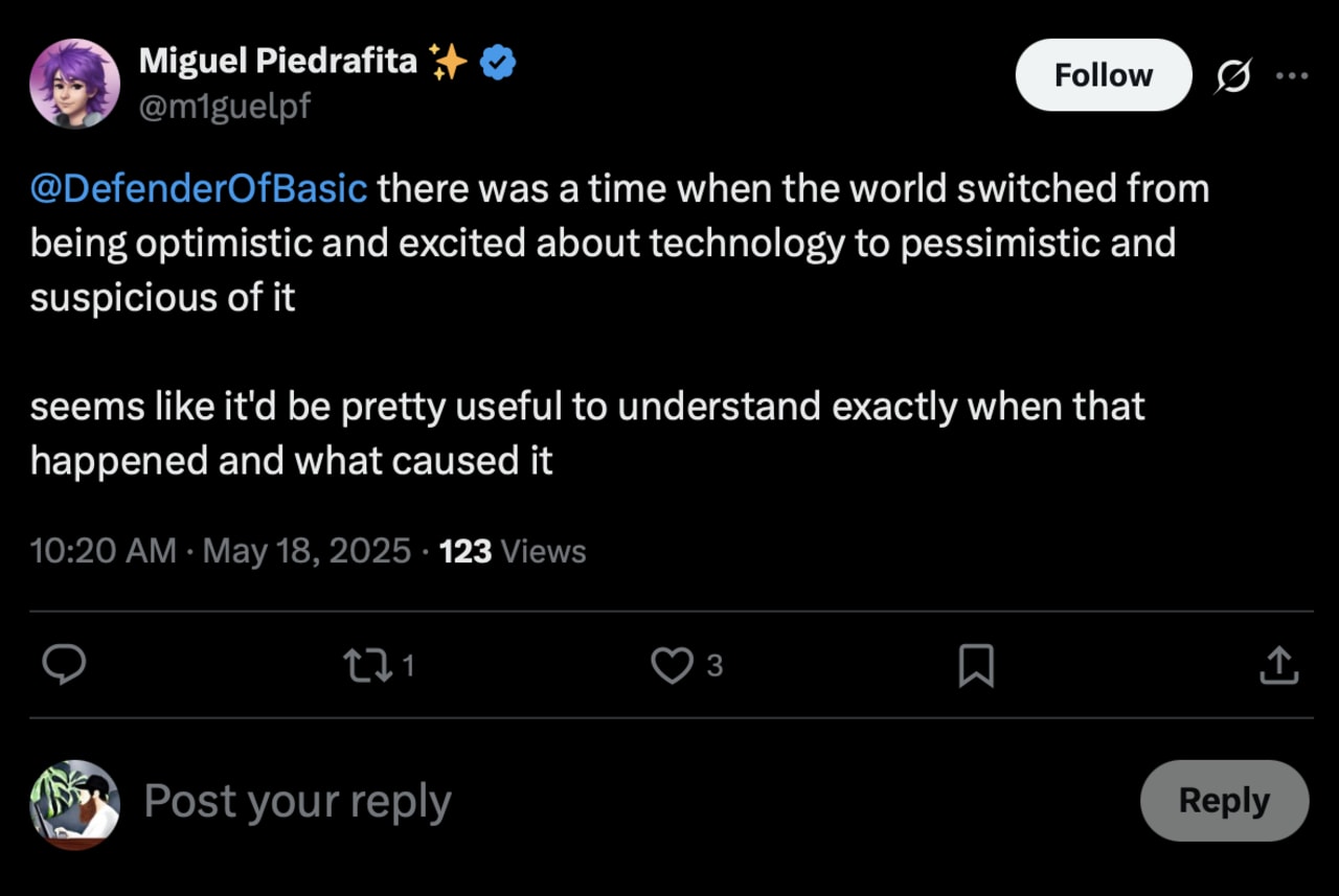 Tweet discussing the historical shift from technological optimism to skepticism and the need to understand when and why it occurred.