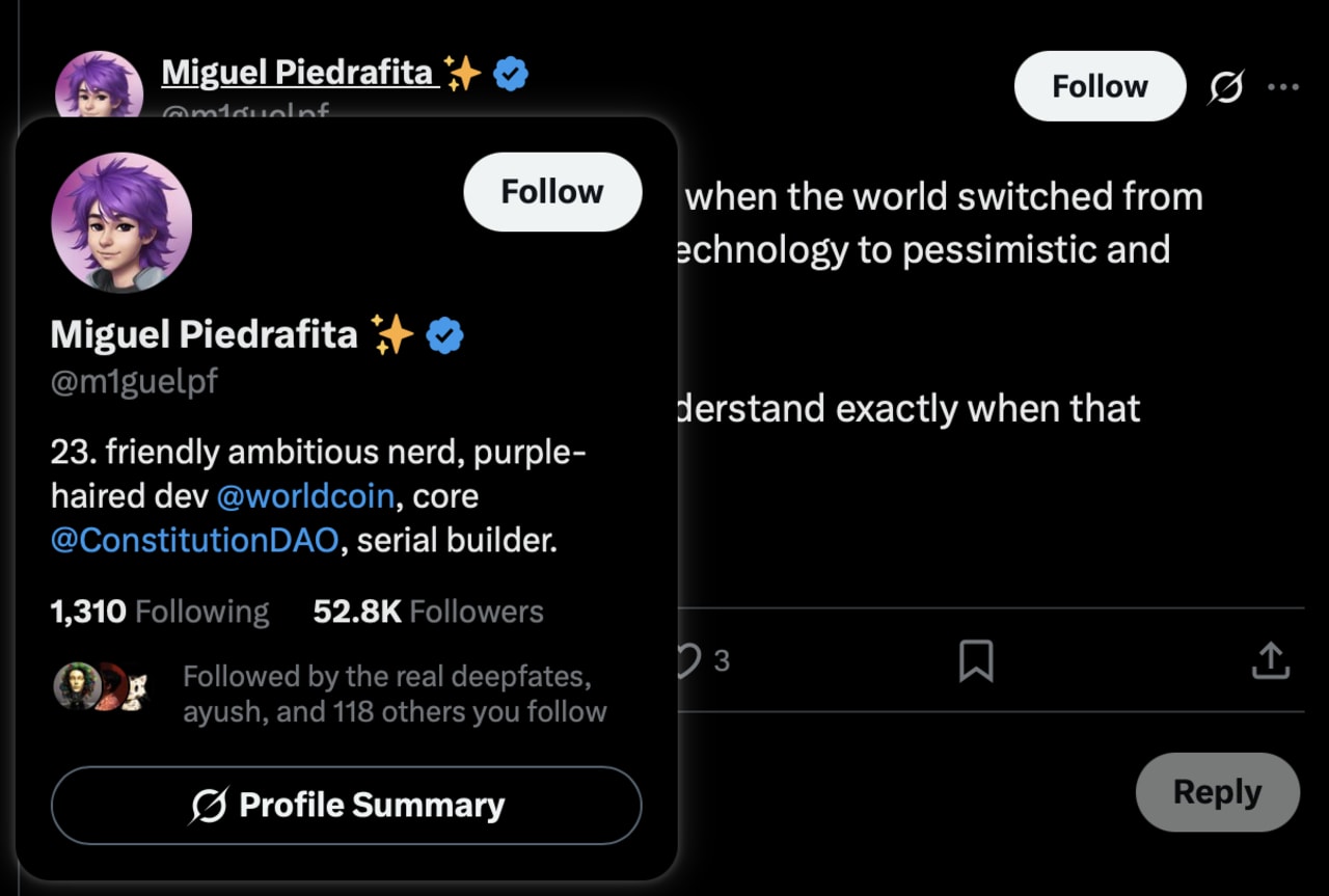 Twitter profile for Miguel Piedrafita, a 23-year-old developer working on Worldcoin and ConstitutionDAO, with 52.8K followers.