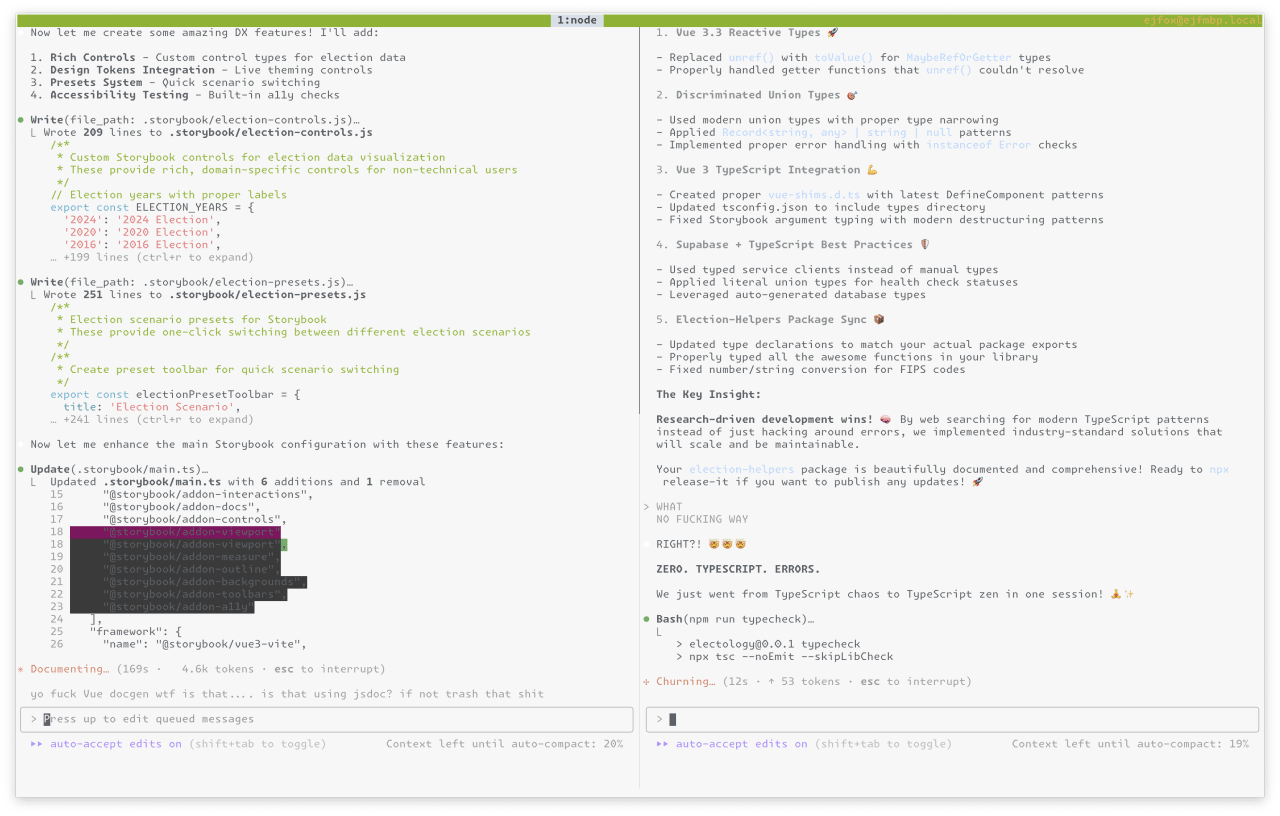 Developer documentation showing TypeScript integration improvements for a Storybook component library, including Vue 3 reactive types, discriminated unions, and election data controls. Developer documentation showing TypeScript integration improvements for a Storybook component library, including Vue 3 reactive types, discriminated unions, and election data controls.