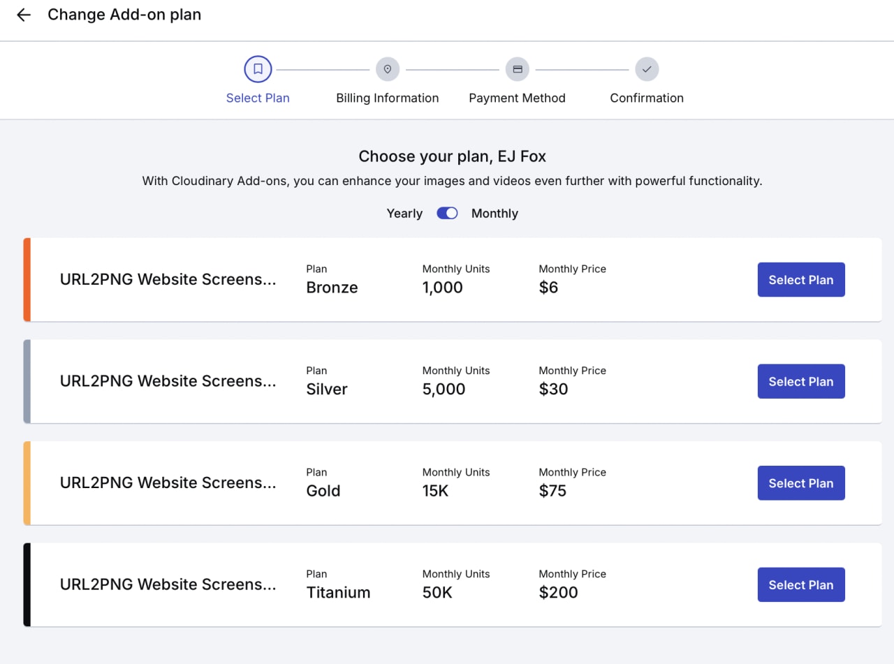 Add-on plan selection for Cloudinary showing four tiered pricing options: Bronze ($6/month, 1K units), Silver ($30/month, 5K units), Gold ($75/month, 15K units), and Titanium ($200/month, 50K units).
