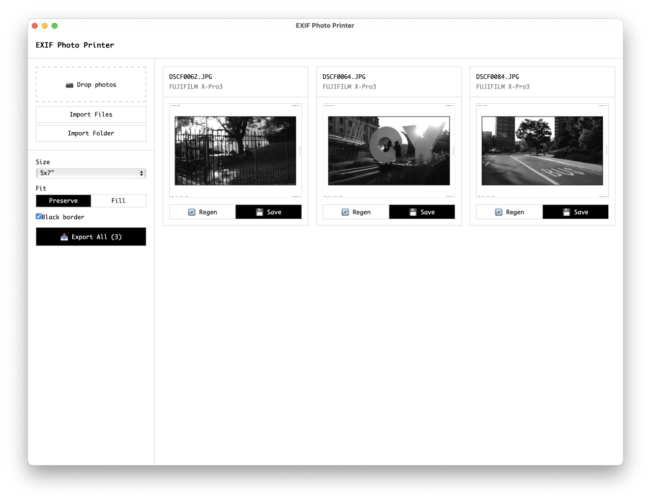 EXIF Photo Printer application displaying three black and white photographs from a Fujifilm X-Pro3 camera ready for 5x7 inch printing with black borders.