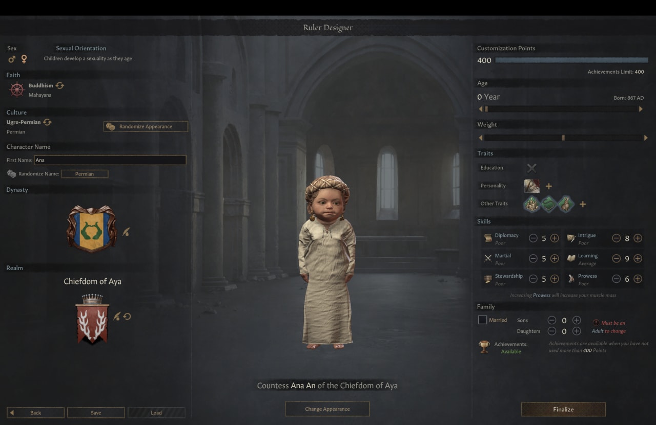 Crusader Kings character creation screen for Countess Ana An of the Chiefdom of Aya, a Persian Buddhist ruler born in 867 AD with diplomacy and stewardship skills.