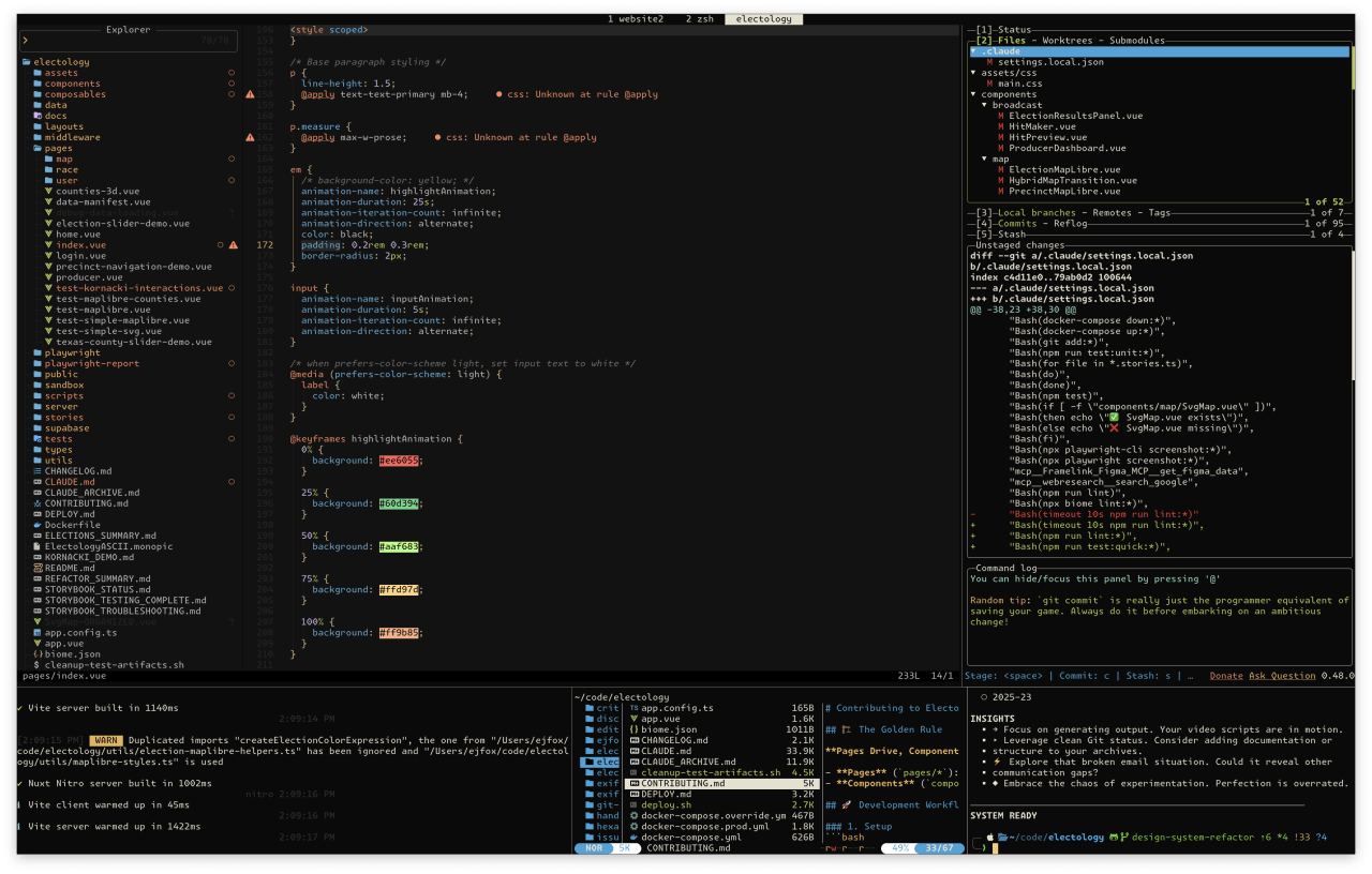 Vue.js election application with CSS styling errors, component file structure, and git diff showing settings configuration changes.