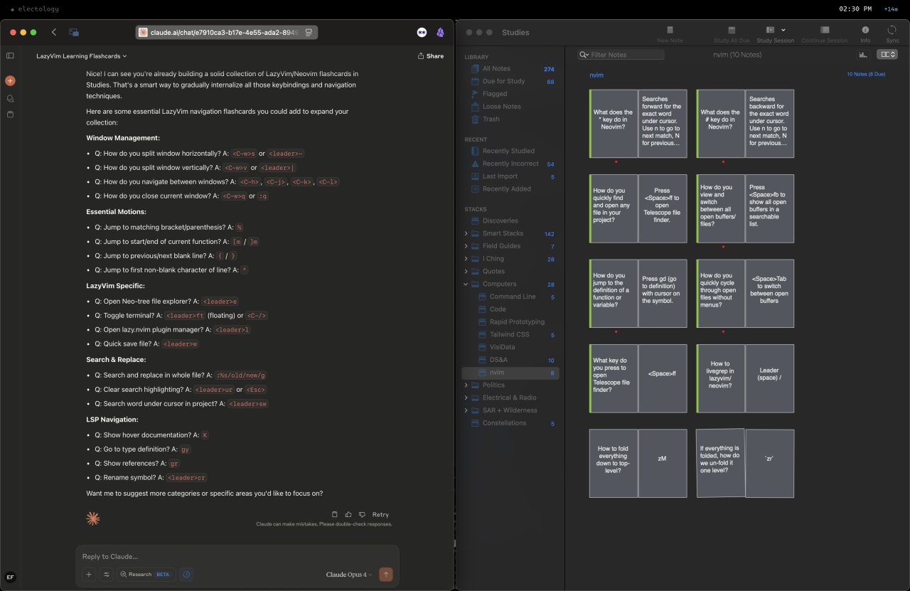 LazuVim learning flashcards covering navigation shortcuts, motions, and editor commands organized by topic in a study grid.