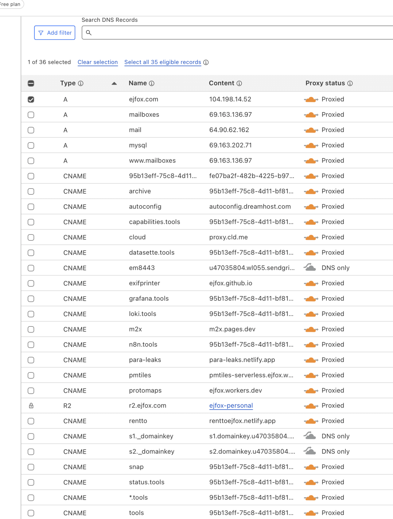 DNS records management interface showing 36 domain configurations for ejfox.com with IP addresses and proxy settings.