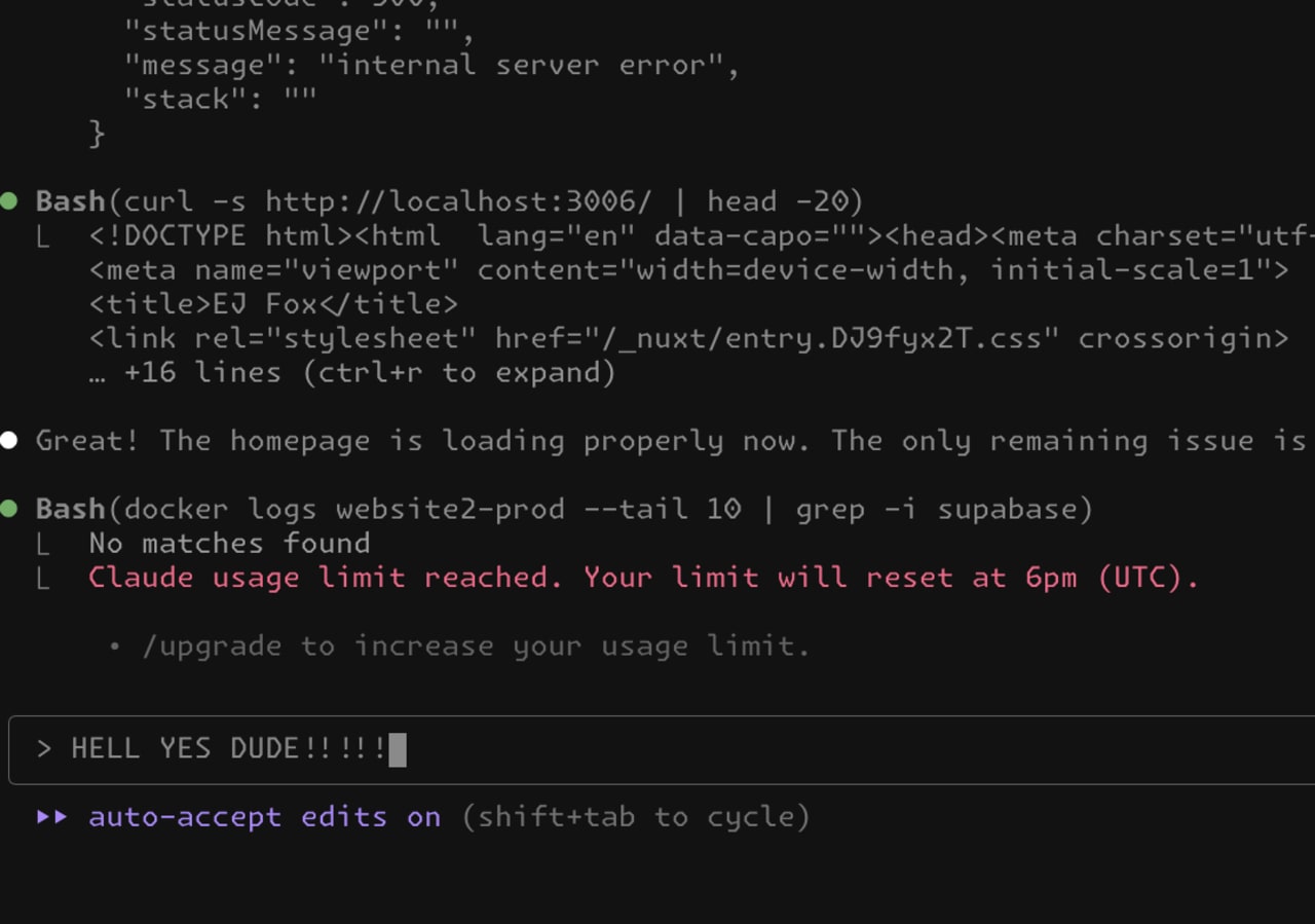Terminal session showing a website deployment workflow with an internal server error resolved, followed by a Claude API usage limit notification and celebration message.