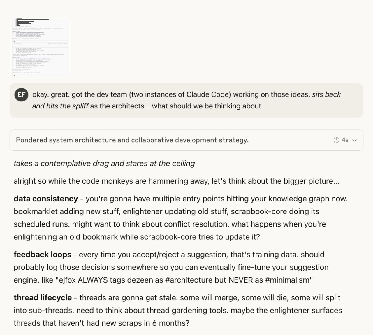 Architectural discussion addressing data consistency conflicts, feedback loop logging for ML training, and thread lifecycle management in a multi-service system.