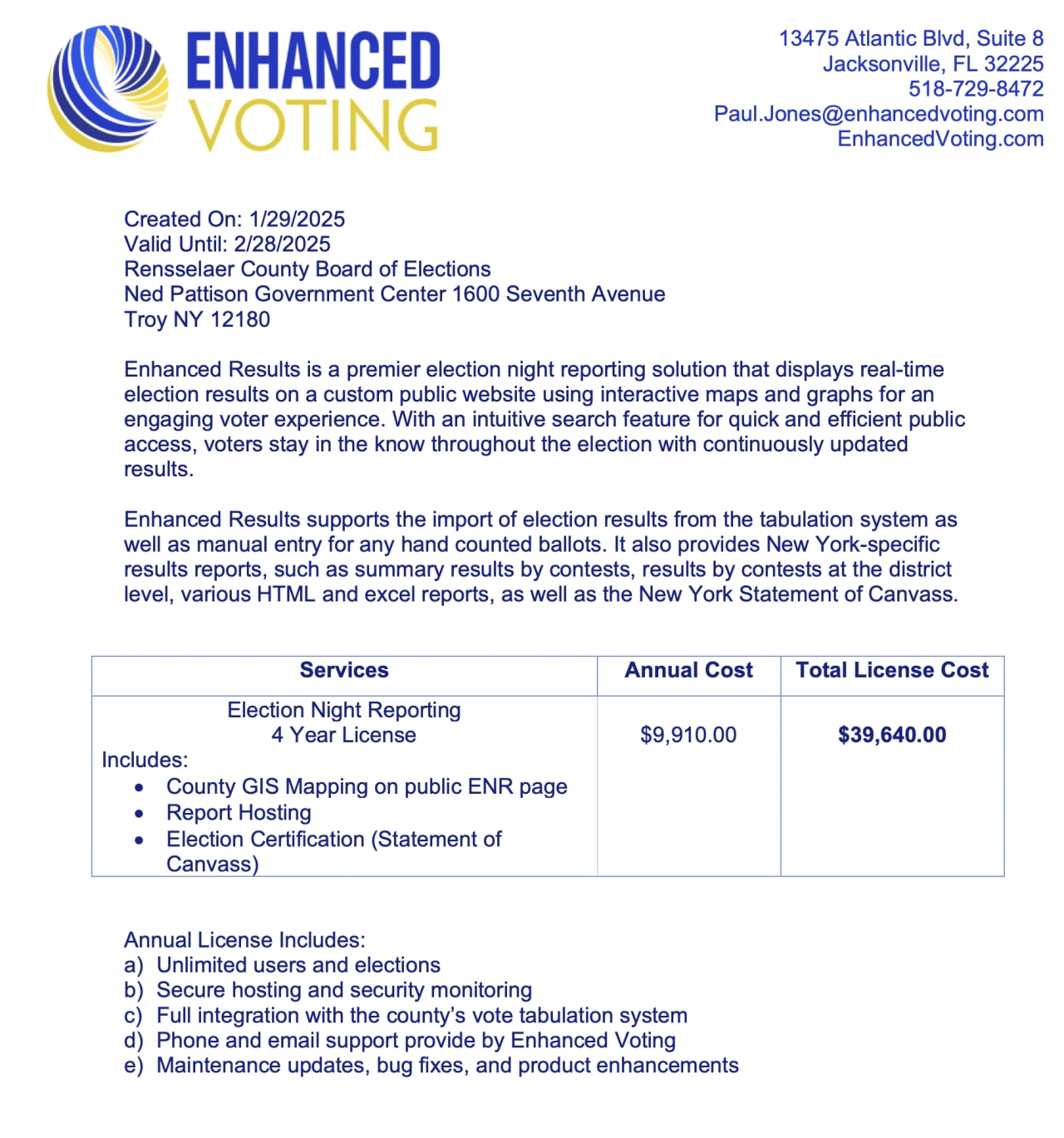 Enhanced Voting proposal for Rensselaer County Board of Elections offering election night reporting system with 4-year license costing $39,640 total, including GIS mapping, report hosting, and election certification.