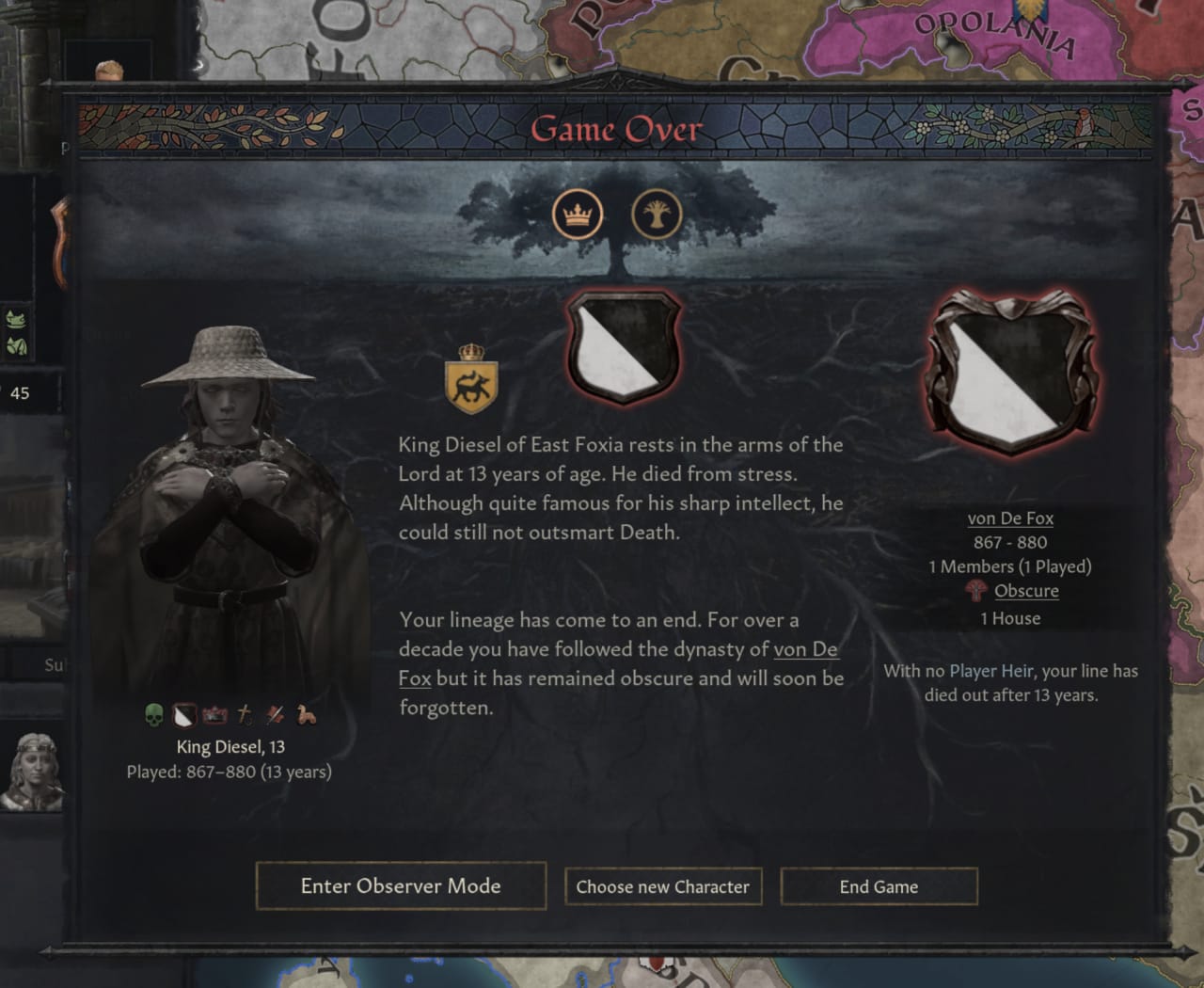 Crusader Kings game over screen showing King Diesel of East Foxia died at 13 from stress, ending the von De Fox dynasty after 13 years of play.